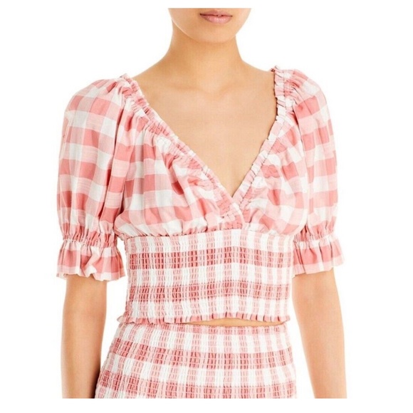 AQUA Gingham Print Puff Sleeve Crop Top in Pink / white - Picture 1 of 3
